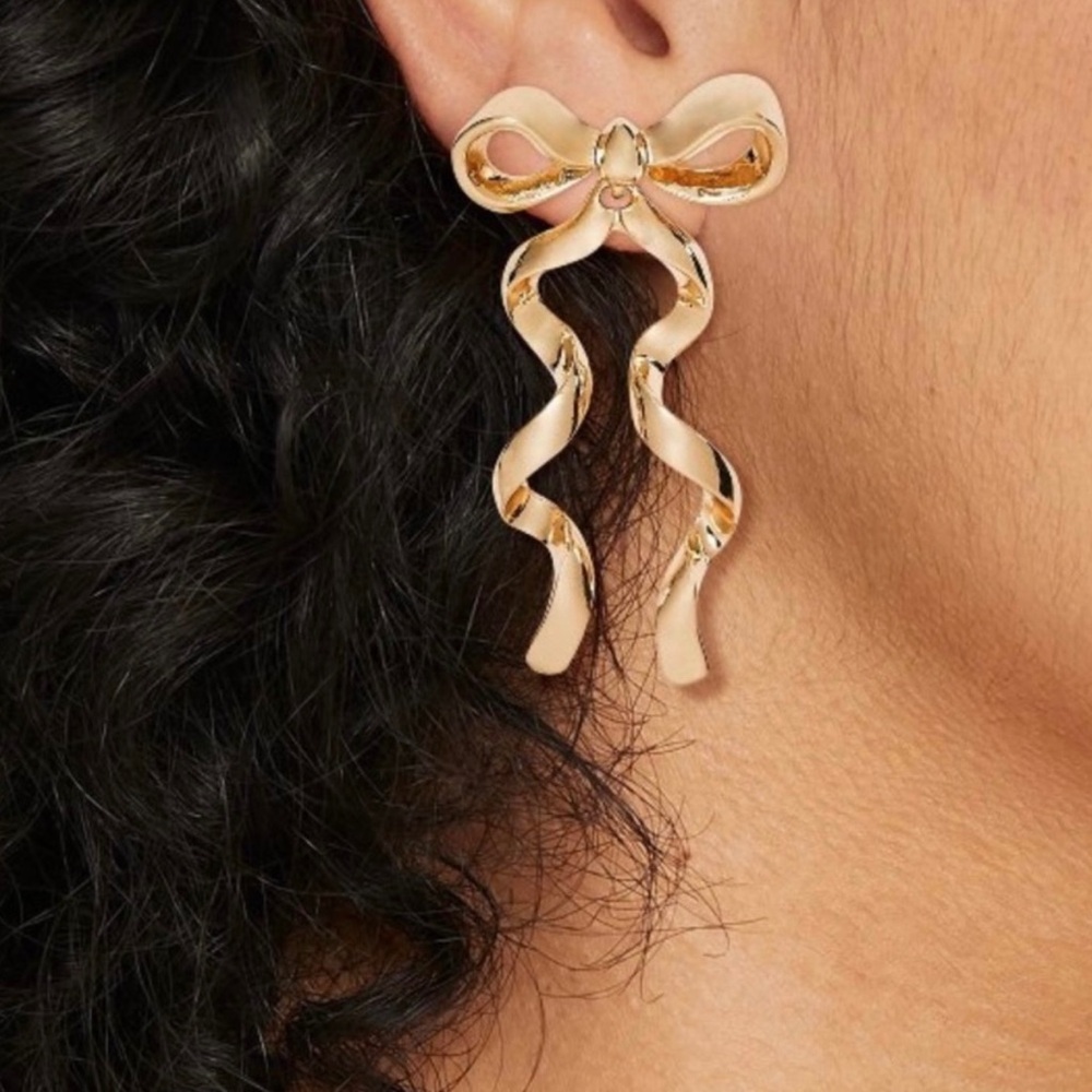 Gold-Tone Bow Dangle Drop Statement Earrings - image 3